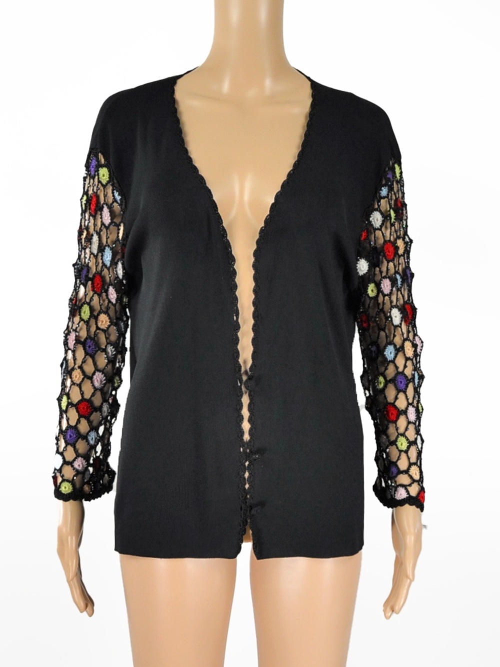 Vintage 90s Beaded Crochet Cardigan Black Multicolor Open Sleeve Knit Boho